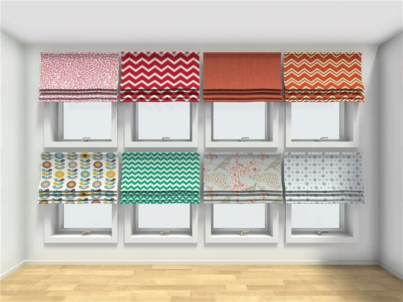 Acht Fenster, jeweils mit demselben Jalousie-Stil in verschiedenen Farben ausgestattet, in einem Raster angeordnet.