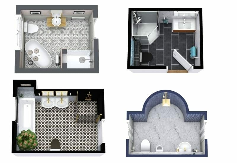 Grundrisse für mittelgroße Badezimmer mit Badewanne, Dusche und Waschbecken in verschiedenen modernen Designs