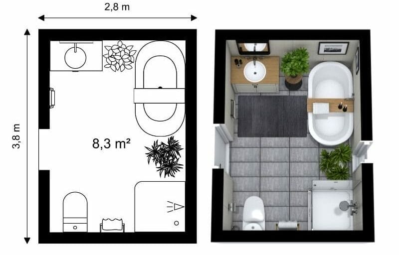 Inspiration und Grundriss für ein rechteckiges Badezimmer mit Badewanne, Waschbecken und Toilette in modernem Design