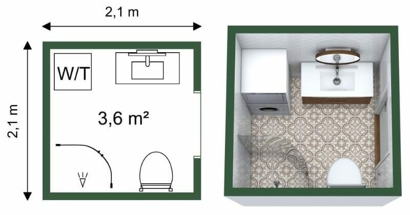 Idee und Grundriss für ein quadratisches Badezimmer mit Dusche, Waschbecken, Toilette und Waschmaschine in kompaktem Design