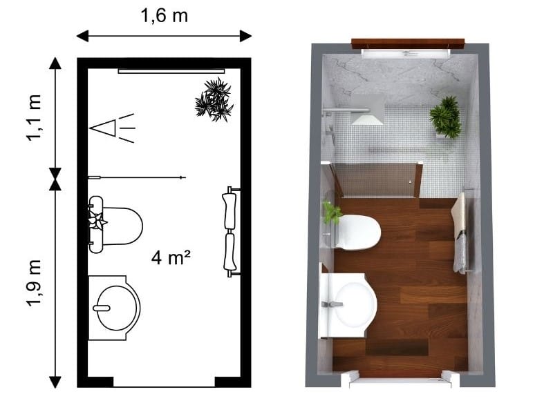 Inspiration und Grundriss für ein schmales Badezimmer mit eleganter Dusche, kompaktem Waschbecken und funktionaler Aufteilung
