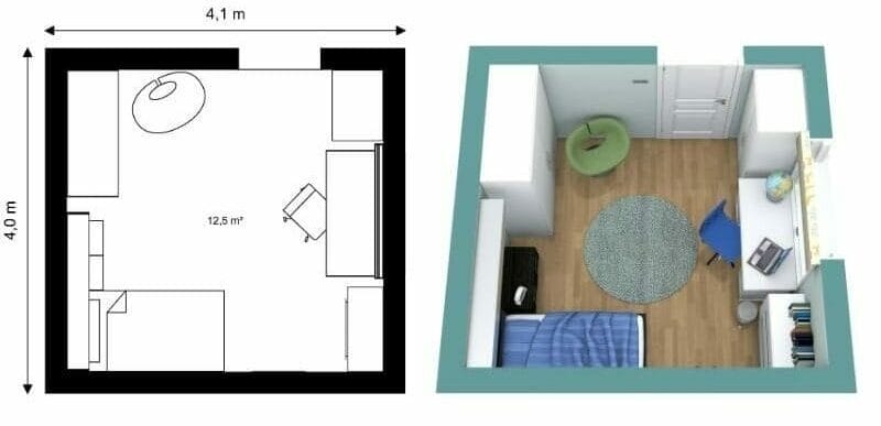 Grundriss eines Kinderzimmers für Jungen mit Bett, Schreibtisch und Spielbereich in moderner Einrichtung