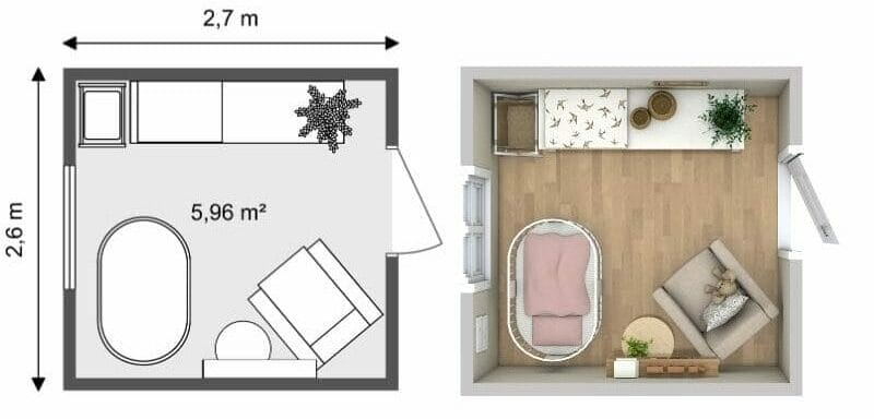 Grundriss eines kleinen Babyzimmers mit Babybett, Wickeltisch und gemütlicher Sitzecke