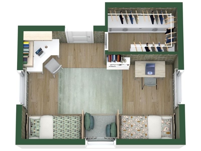 Grundriss eines Kinderzimmers mit zwei Betten, Schreibtischen und integriertem Kleiderschrank