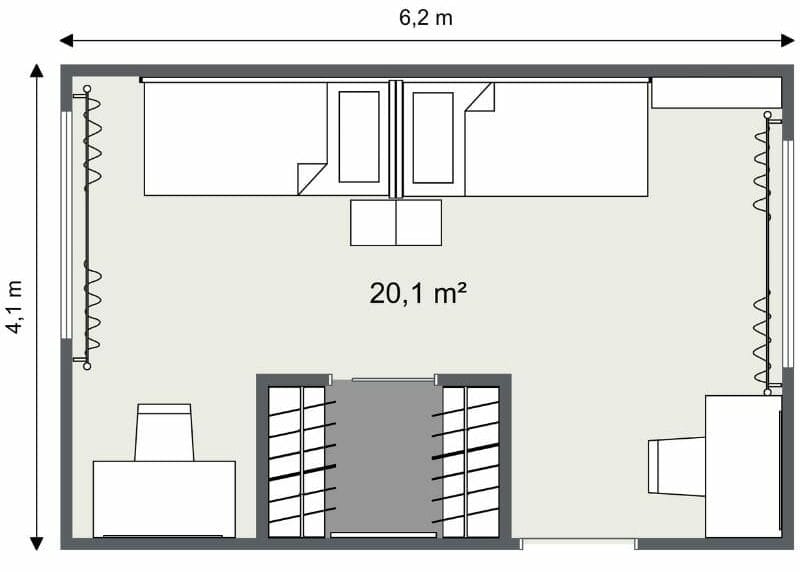 Grundriss eines Kinderzimmers für Zwillinge mit zwei Betten, Schreibtischen und großzügigem Spielbereich