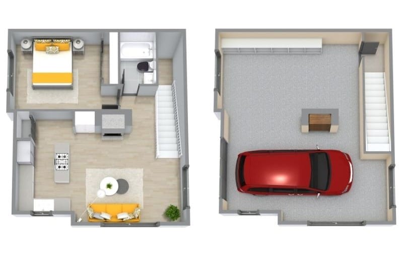 Wohndesign für umgebaute Garage mit Gästeapartment und separatem Garagenbereich
