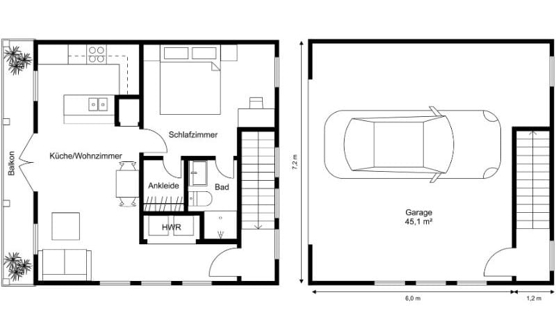 Grundriss einer Einzelgarage mit Wohnung, Wohnküche, Schlafzimmer und Bad