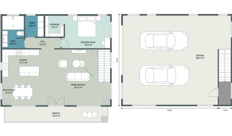 Grundriss einer Garage für zwei Autos mit darüberliegender Wohnung mit Balkon