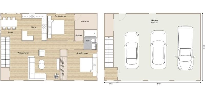 Grundriss einer Garage für drei Autos mit darüberliegender Wohnung und zwei Schlafzimmern