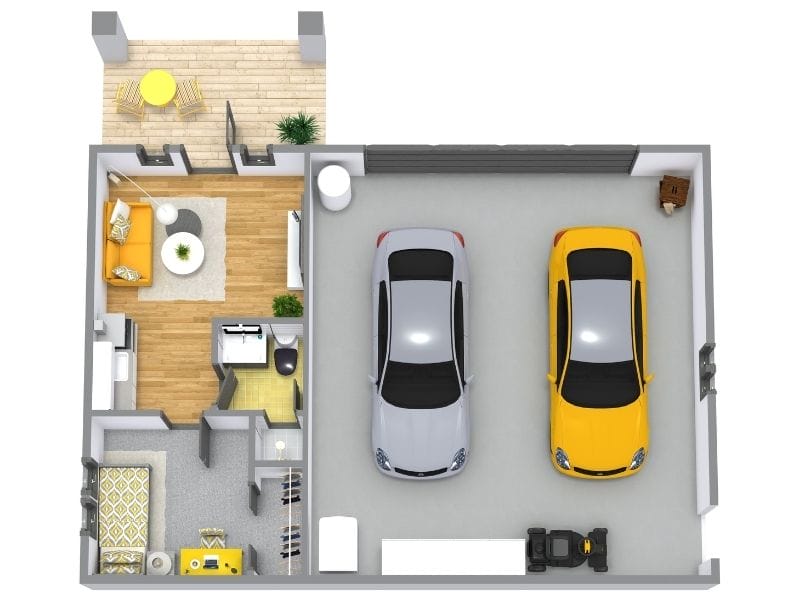 Einstöckige Garagenwohnung mit Wohnbereich, Schlafzimmer und Doppelgarage