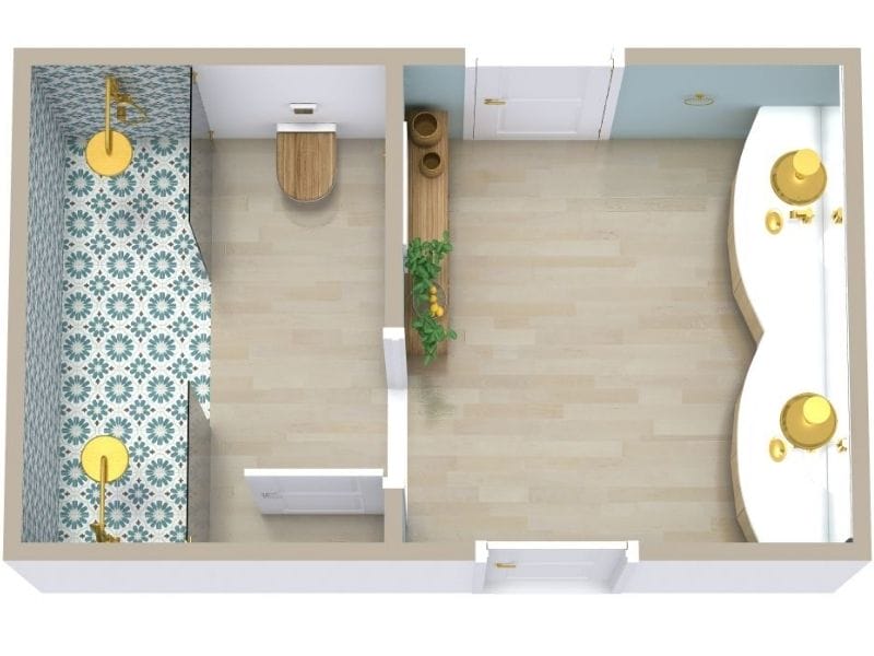 Grundriss für ein Badezimmer mit zwei Türen, großer Dusche, Doppelwaschbecken und WC, ideal für den Zugang von zwei Schlafzimmern oder Schlafzimmer und Flur.