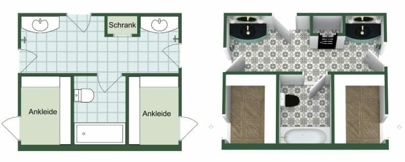 Grundriss für ein Badezimmer zwischen zwei Schlafzimmern mit zwei Waschbecken, Badewanne und separaten Ankleidebereichen, ideal für geteilte Nutzung.