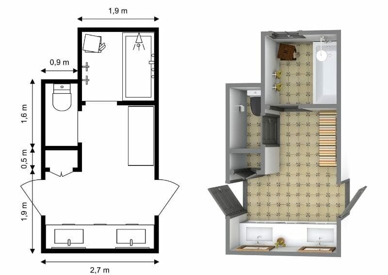 Grundriss für ein Badezimmer mit zwei Türen, Doppelwaschbecken, Badewanne und separatem WC-Bereich, ideal für geteilte Nutzung mit privater Nasszone.