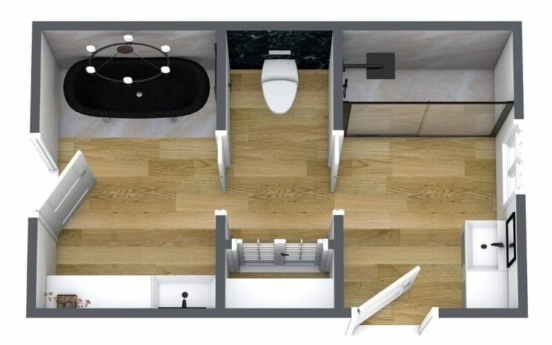 Grundriss für ein Badezimmer mit zwei Türen, Badewanne, Dusche und WC in separaten Bereichen, ideal für flexible und gemeinsame Nutzung.