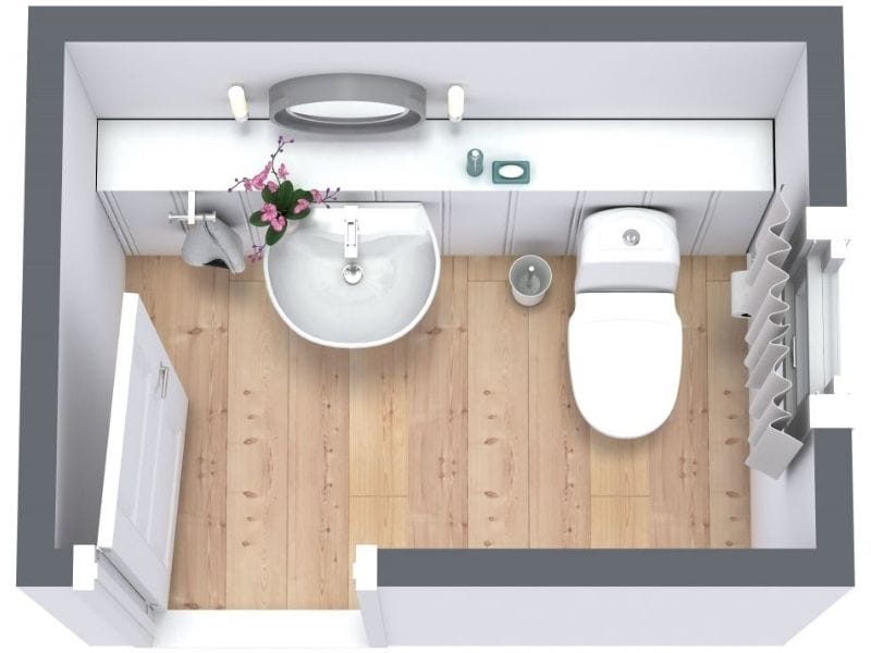 Moderner rechteckiger Grundriss für Gästetoiletten mit Waschbecken und Toilette in platzsparendem Design.