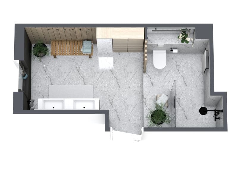 Moderner Grundriss für Badezimmer mit Doppelwaschbecken, Dusche und Toilette in hellem, funktionalem Design