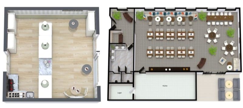 Grundrisse für Cafés mit Beispiel für kleines und großes Café-Layout, inklusive Sitzbereichen, Küche und Servicezonen