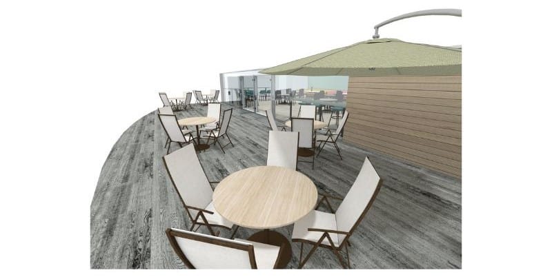 Grundrissidee für Café mit Terrasse und Sitzplätzen im Freien unter Sonnenschirmen