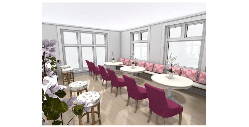 Grundriss für ein Café mit gemütlichem Innenbereich, Sitzbänken und modernen Akzenten in hellem Design