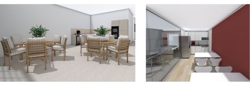 Zwei moderne Büros mit Küche und Pausenraum als Beispiele für funktionale Bürogestaltung