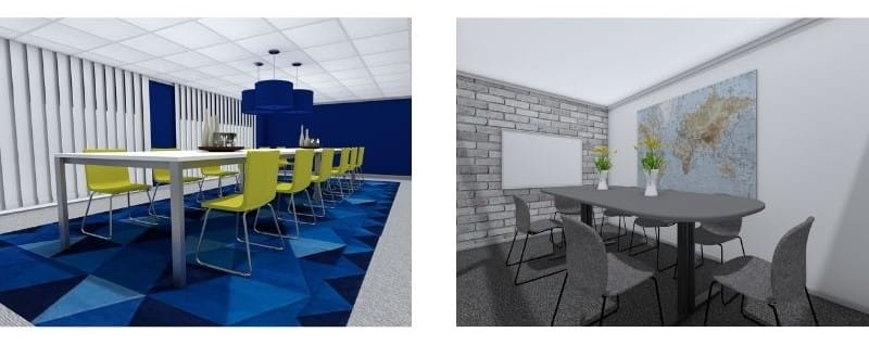 Zwei moderne Büros mit Konferenzraum in unterschiedlichem Design und Stil