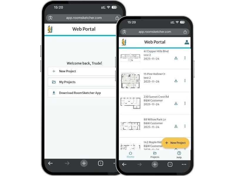 Zwei Smartphone-Screenshots des RoomSketcher Webportals: links die Startseite mit „Neues Projekt“ und „Meine Projekte“, rechts die Projektliste mit Vorschaubildern und Downloadoptionen.