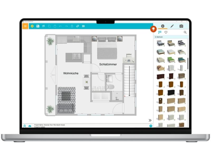 RoomSketcher-Software auf einem MacBook zeigt einen 2D-Grundriss eines Hauses mit einem Schlafzimmer und einem Badezimmern, wobei die Möbelauswahl auf der rechten Seite angezeigt wird.
