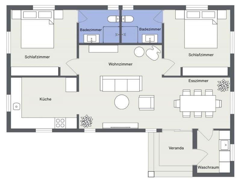 2D-Grundriss eines Hauses mit zwei Schlafzimmern, zwei Badezimmern und einem separaten Hauswirtschaftsraum.