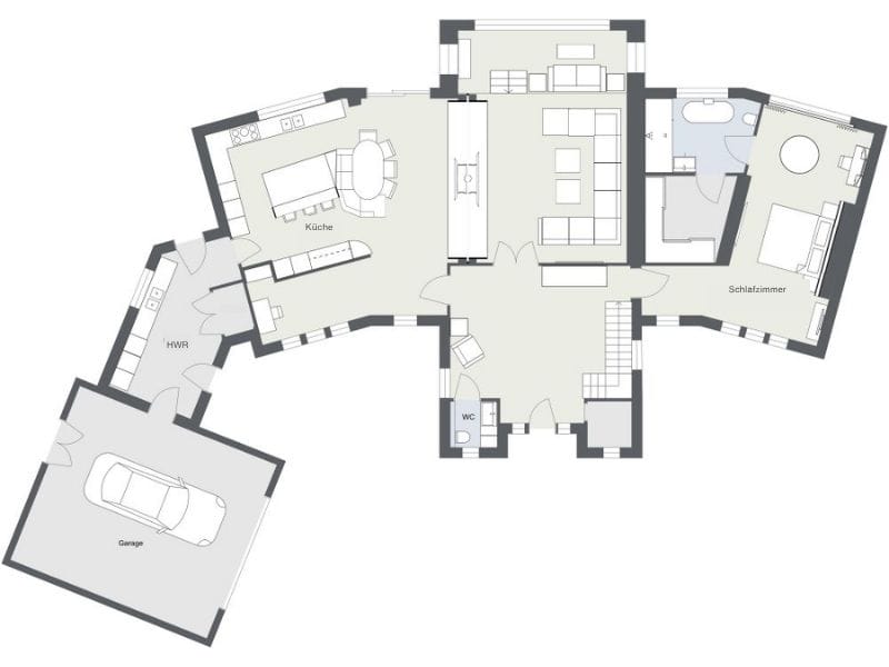 Grundriss eines Hauses mit vier Schlafzimmern, einem geschwungenen architektonischen Design und einer geräumigen Garage.