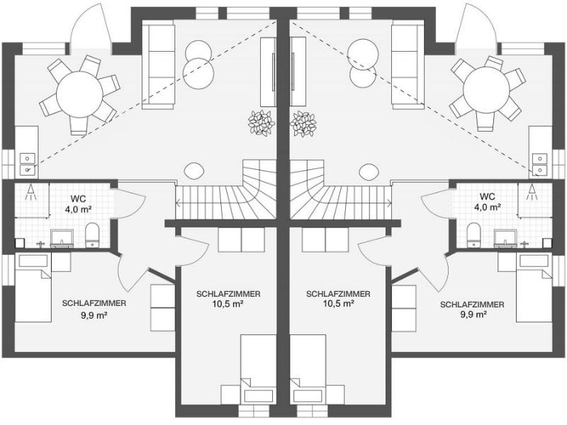 Grundriss eines zweistöckigen Mehrfamilienhauses mit nebeneinanderliegenden Wohneinheiten auf jeder Etage.