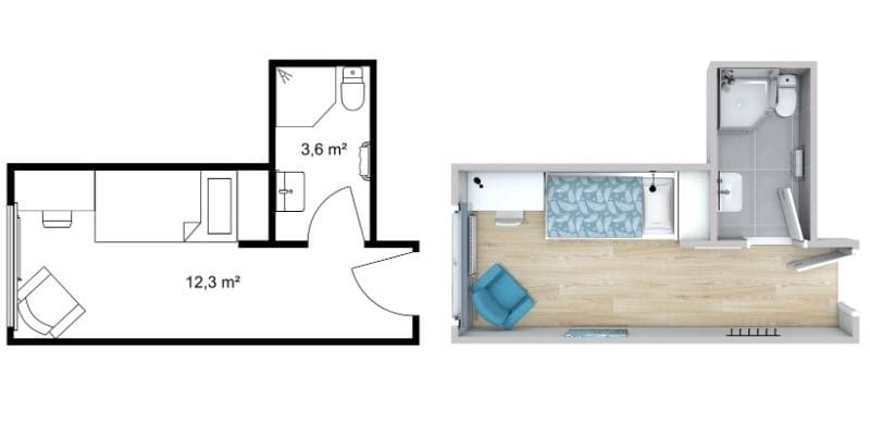 Grundriss für Einzel-Hotelzimmer mit Einzelbett, Sitzbereich und Badezimmer