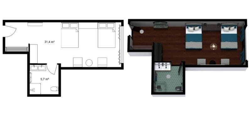Grundriss für Doppel-Hotelzimmer mit zwei Betten, Sitzbereich und Badezimmer