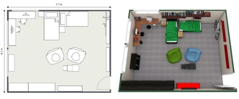 Jugendzimmer Grundriss mit zwei Betten, Schreibtisch, Sitzsäcken und Bücherregal, ideal zur Inspiration für moderne Schlafzimmergestaltung.