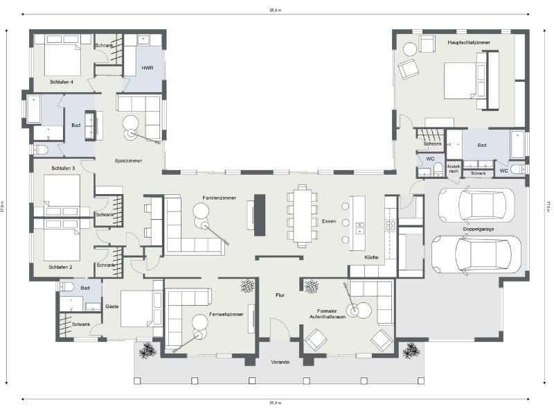 Grundriss für ein Haus mit 5 Schlafzimmern und Garage mit offenem Wohnbereich, großer Küche und funktionaler Raumaufteilung für Familien