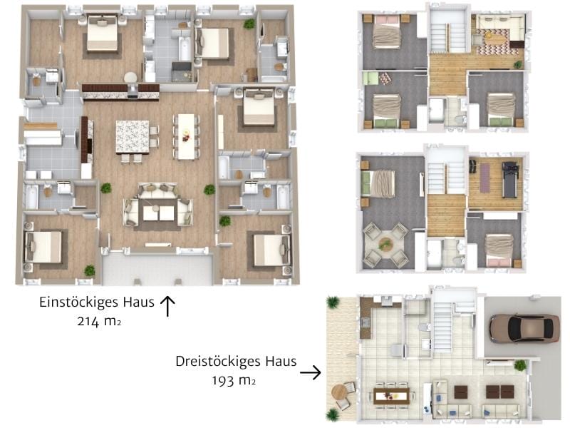 Grundrisse für Häuser mit 5 Schlafzimmern in einstöckiger und dreistöckiger Ausführung zur Inspiration für verschiedene Wohnkonzepte