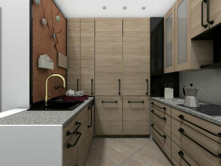 Moderne kleine Küche mit Holzschränken, zwei Arbeitszeilen und viel Stauraum