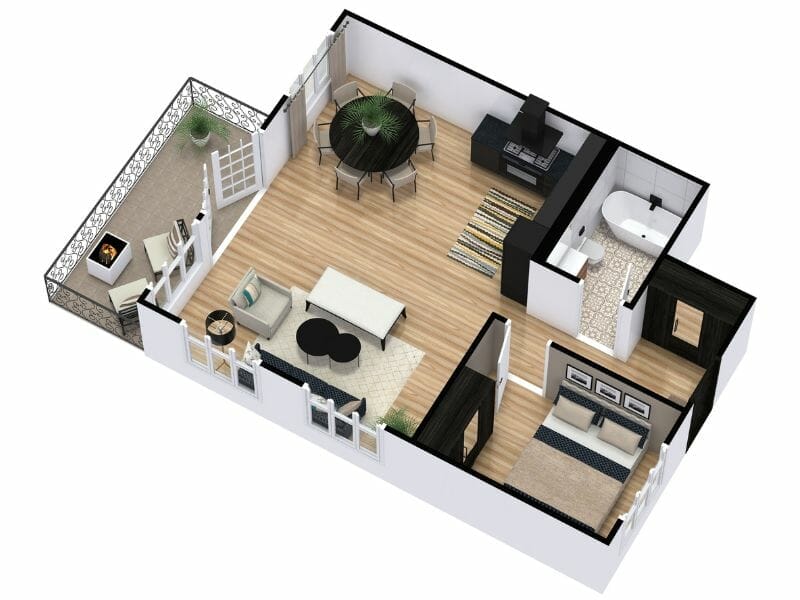 3D-gerenderter Grundriss einer modernen Ein-Zimmer-Wohnung mit offenem Wohn- und Essbereich mit Holzfußboden, Küche, Bad, Schlafzimmer und einem möblierten Balkon.