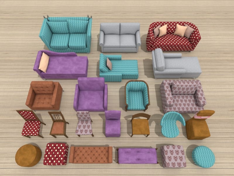 Draufsicht auf verschiedene bunte 3D-Möbelstücke, die auf einem Holzboden angeordnet sind, darunter Sofas, Sessel, Esszimmerstühle, Hocker und Tische in verschiedenen Mustern und Farben wie Türkis, Lila, Rot und Braun.