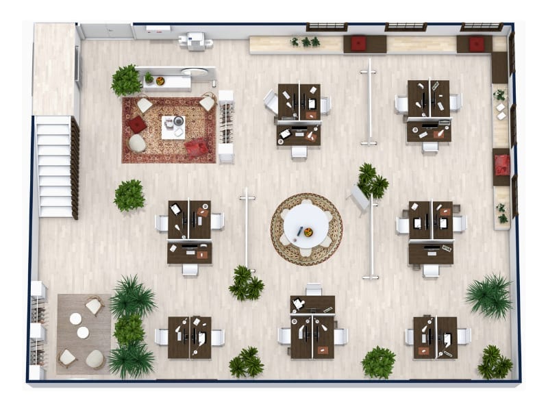 3D Grundriss eines modernen Großraumbüros mit mehreren Arbeitsplätzen, einem zentralen runden Besprechungstisch, einem Lounge-Bereich mit Teppichen und Sesseln, Topfpflanzen und einer Kaffee-Ecke. Der Raum ist organisiert und einladend mit natürlichem Licht aus großen Fenstern.