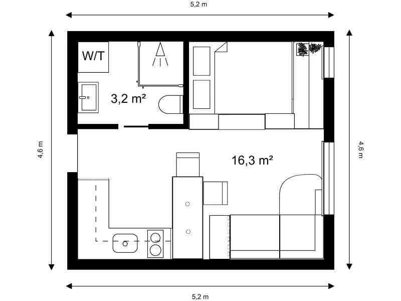 1-Zimmer-Wohnung Grundriss mit Schlafbereich, Küche, Bad und cleverem Stauraum