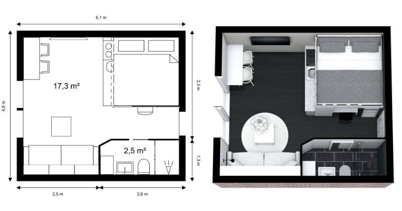 Grundriss eines kleinen Studio-Apartments mit Schlafbereich, Küche und Bad