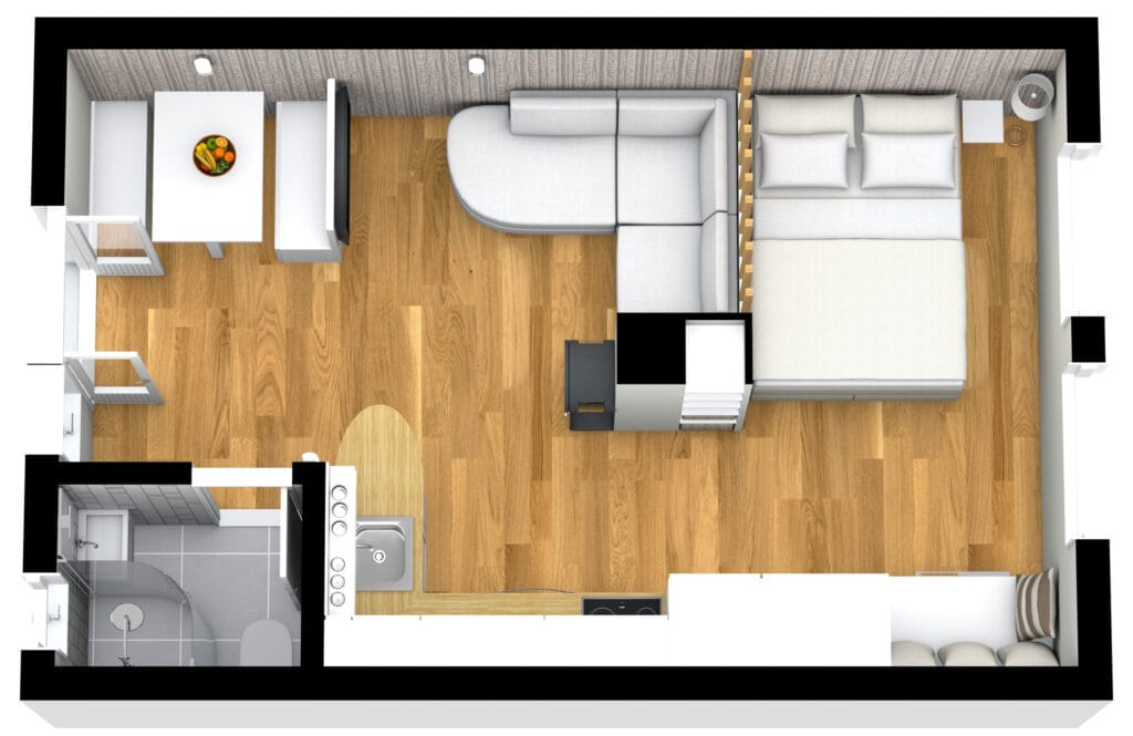 Grundriss einer modernen 1-Zimmer-Wohnung mit Küche, Bad, Wohnbereich, Bett und offenem Kamin