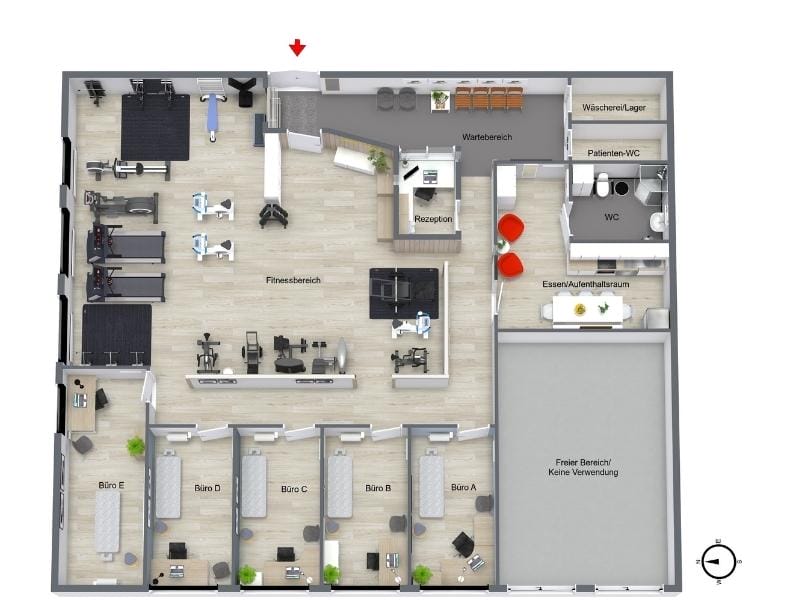 Grundrisse für Fitness-Studios mit Trainingsbereich, Rezeption, Büros und Aufenthaltsraum in einer modernen 3D-Ansicht.