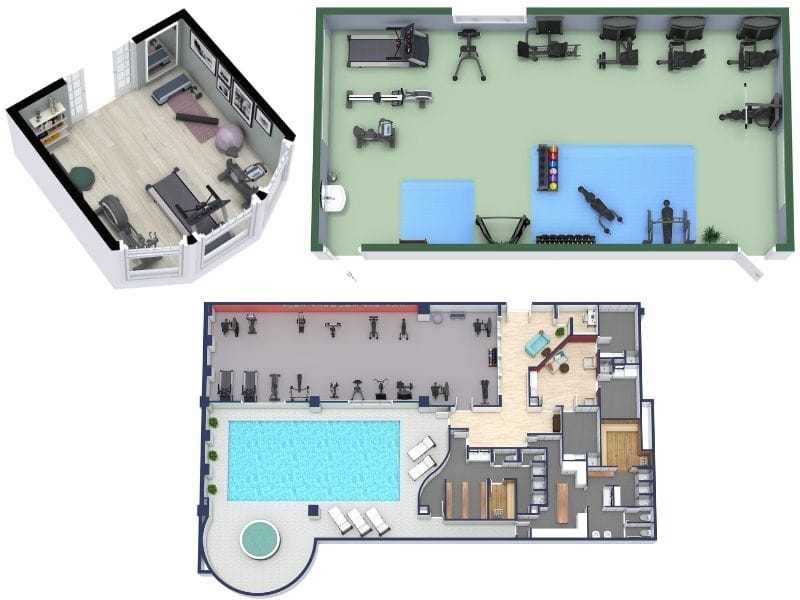 Beispiele für Fitness-Studios in unterschiedlichen Größen und Ausstattungen.