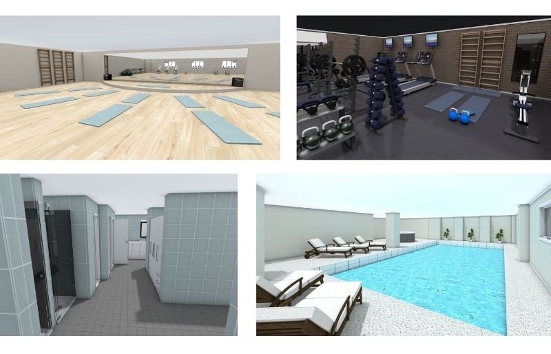 Verschiedene Aktivitätsbereiche in einem Fitness-Studio, darunter Trainingsraum, Pool und Umkleide.