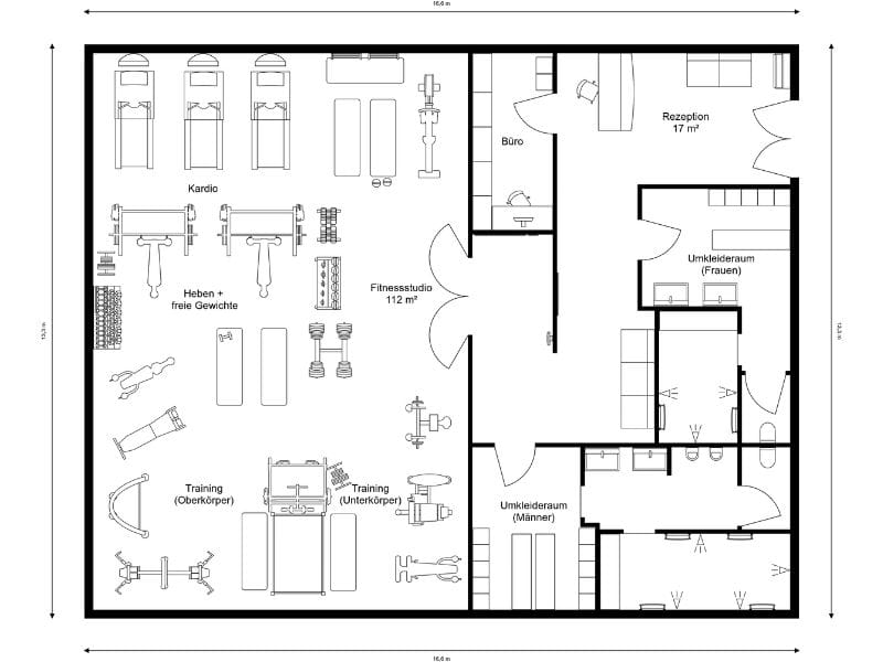 2D Grundriss für ein Fitness-Studio mit Trainingsbereich und Umkleideräumen.