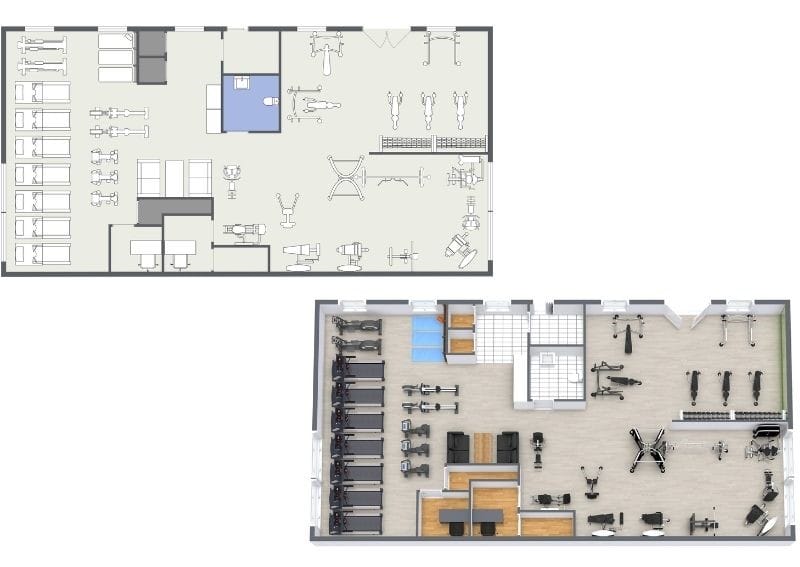 Effizientes Fitness-Studio-Layout mit Trainingsgeräten und durchdachter Raumaufteilung.