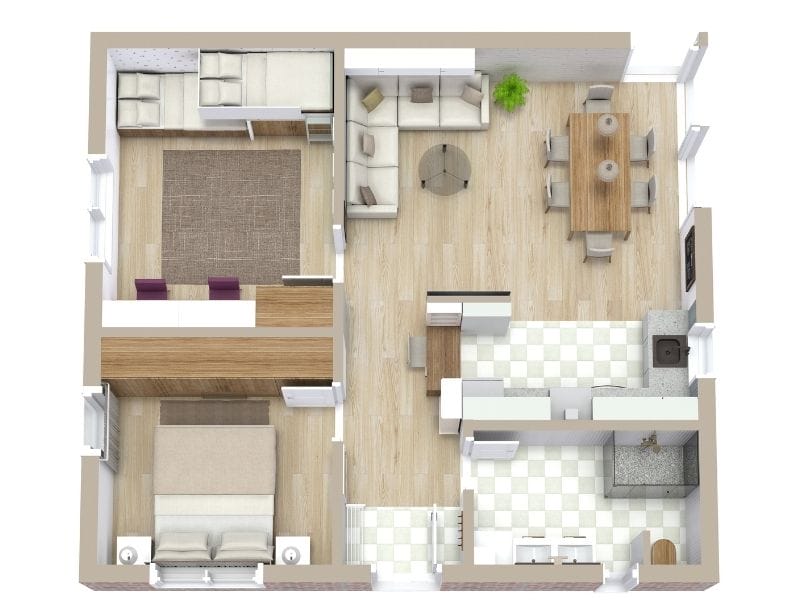 3D Grundrisse für eine 3-Zimmer-Haus Grundriss mit zwei Schlafzimmern und einem flexiblen Raum, ideal für Familien oder Ferienhäuser, mit Etagenbetten und offenem Wohnbereich.