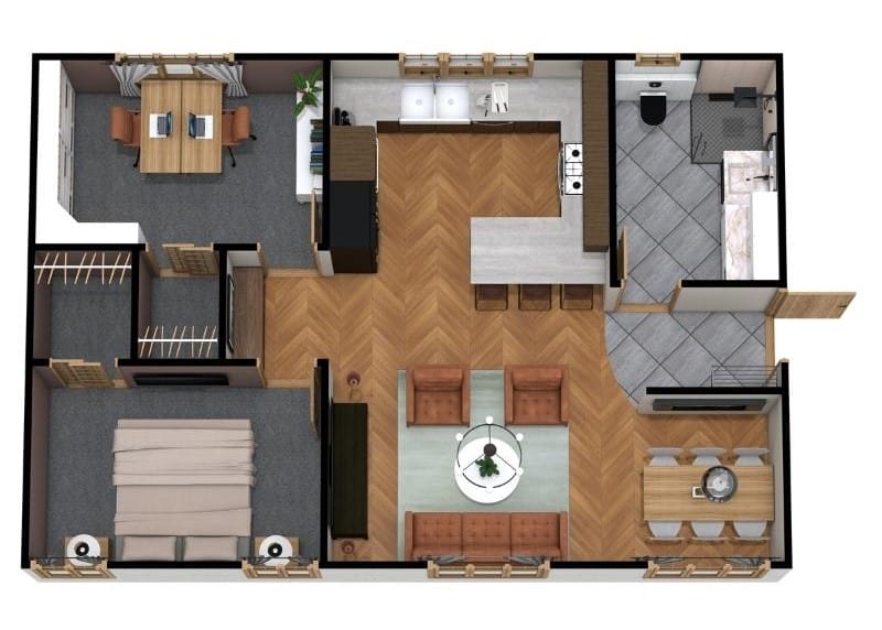 3D Grundrisse für ein Haus mit einem Schlafzimmer und Arbeitszimmer, offener Wohnbereich und Küche, ideal für Singles oder Paare, die ein flexibles Layout suchen.