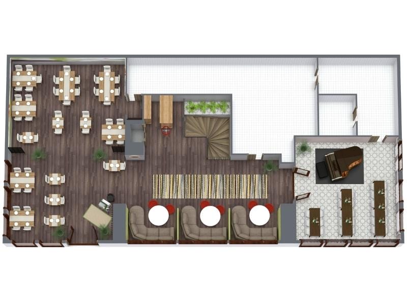 Restaurant-Grundriss mit Gastraum, Sitzbereichen, Bar und Back-of-House-Zonen